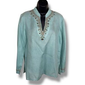 Size 6 Rafaella Linen Blouse Top Mint Teal Beaded Sequined Boho Bohemian